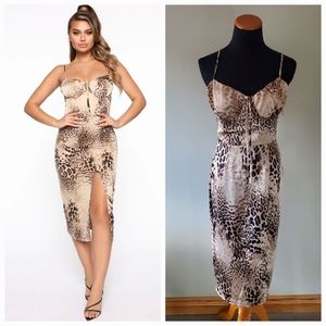 Fashion Nova S Wild Emotions Leopard Print Satin Cocktail Party Club Midi Dress